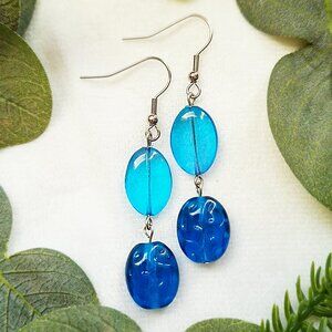 Aqua & Cobalt Blue Pressed Czech Glass Earrings, Stainless Steel Hooks